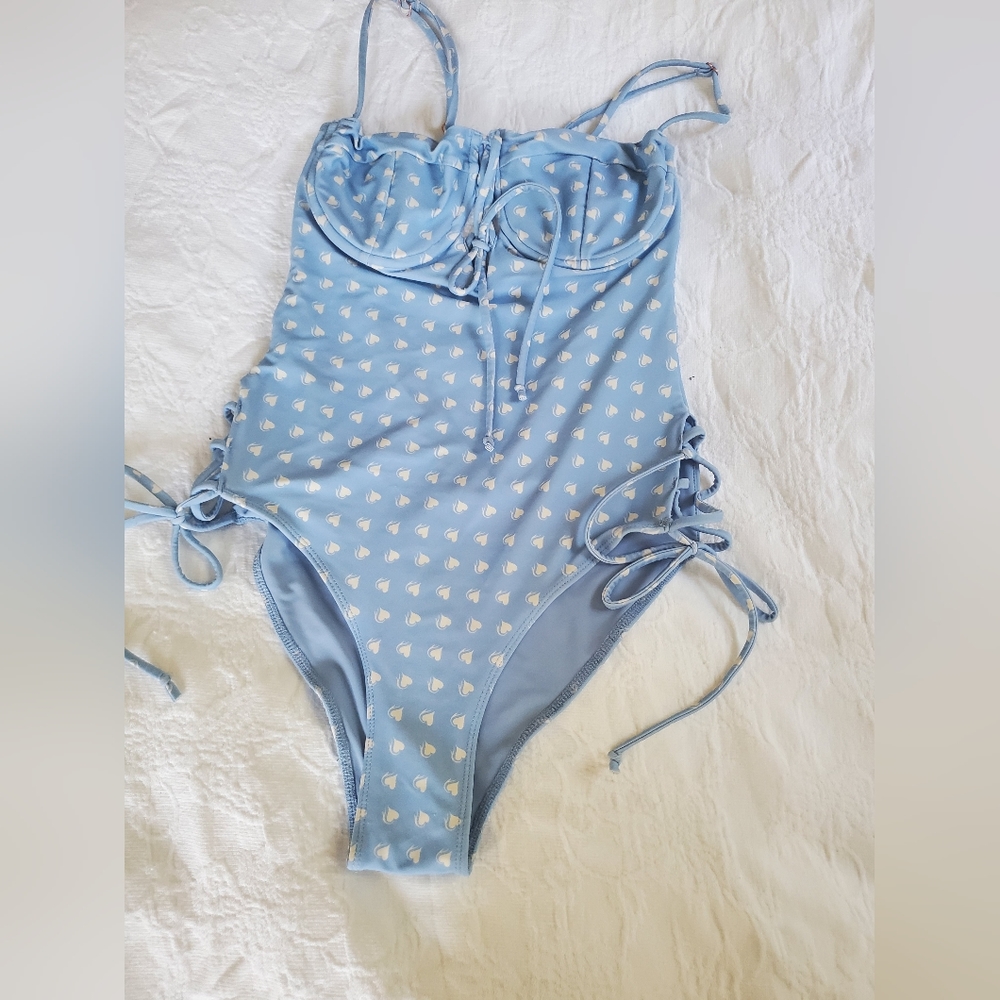 Blue One-Piece Swimsuit with White Accents
